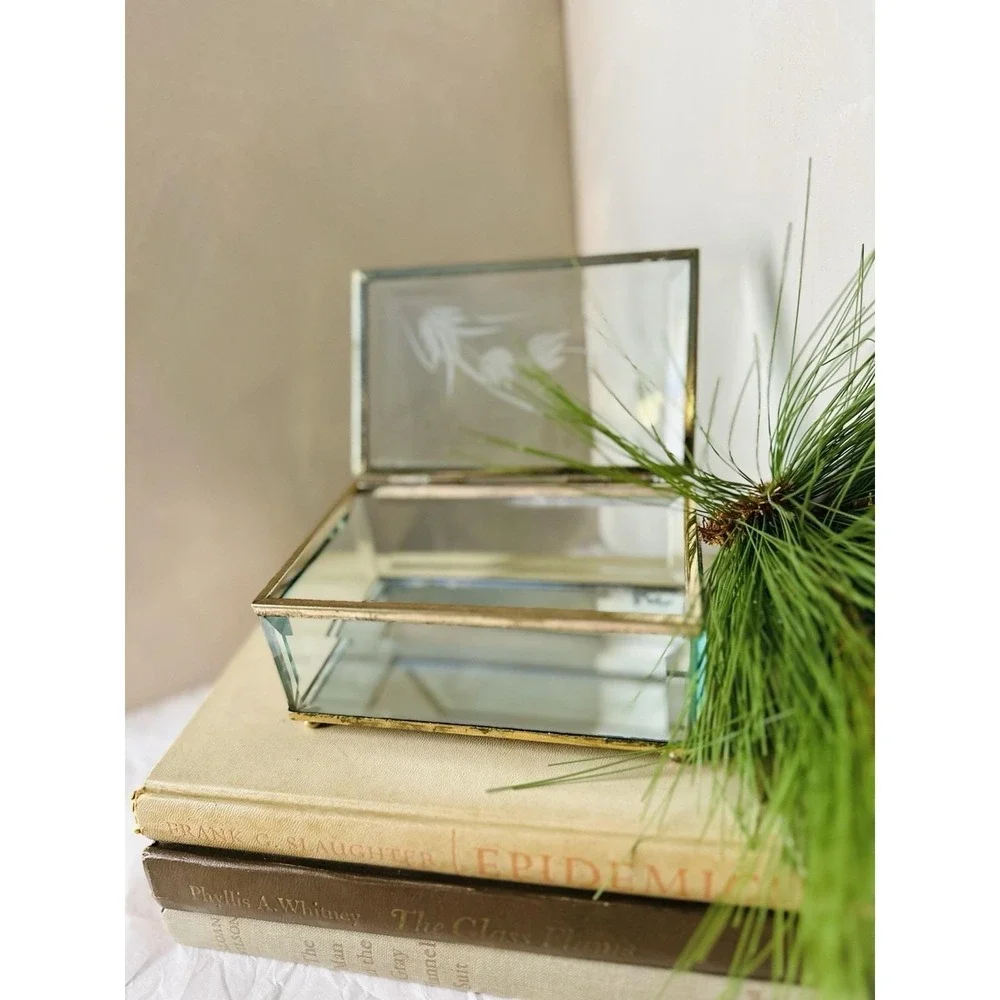 Vtg Etched Glass Brass Lidded Trinket Box Mirrored Bottom 5.25